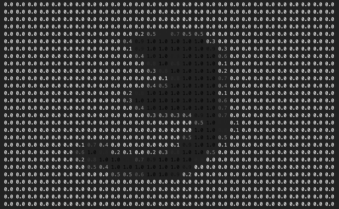 Array of numbers that  display pixel values, with larger numbers colored, and a '3' is displayed in color